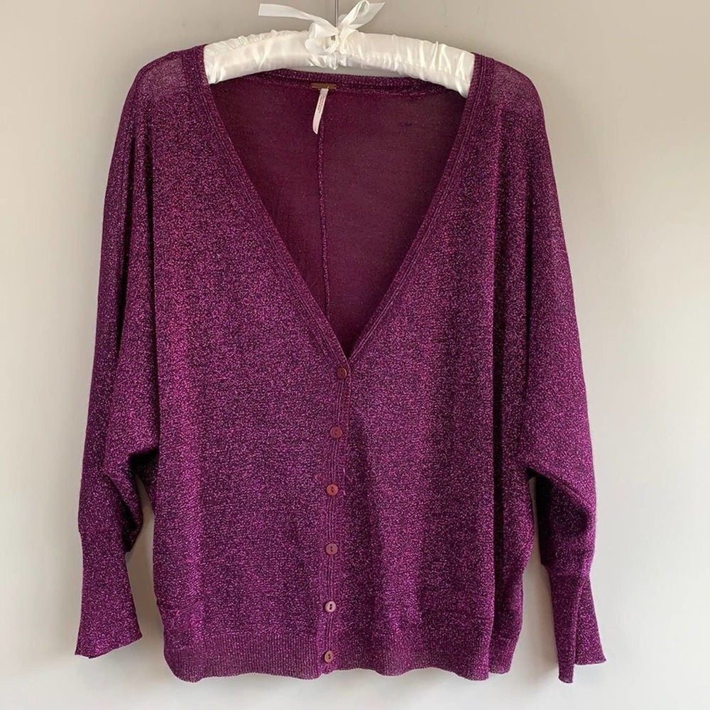 Free People metallic purple sheer cardigan sweater top size L